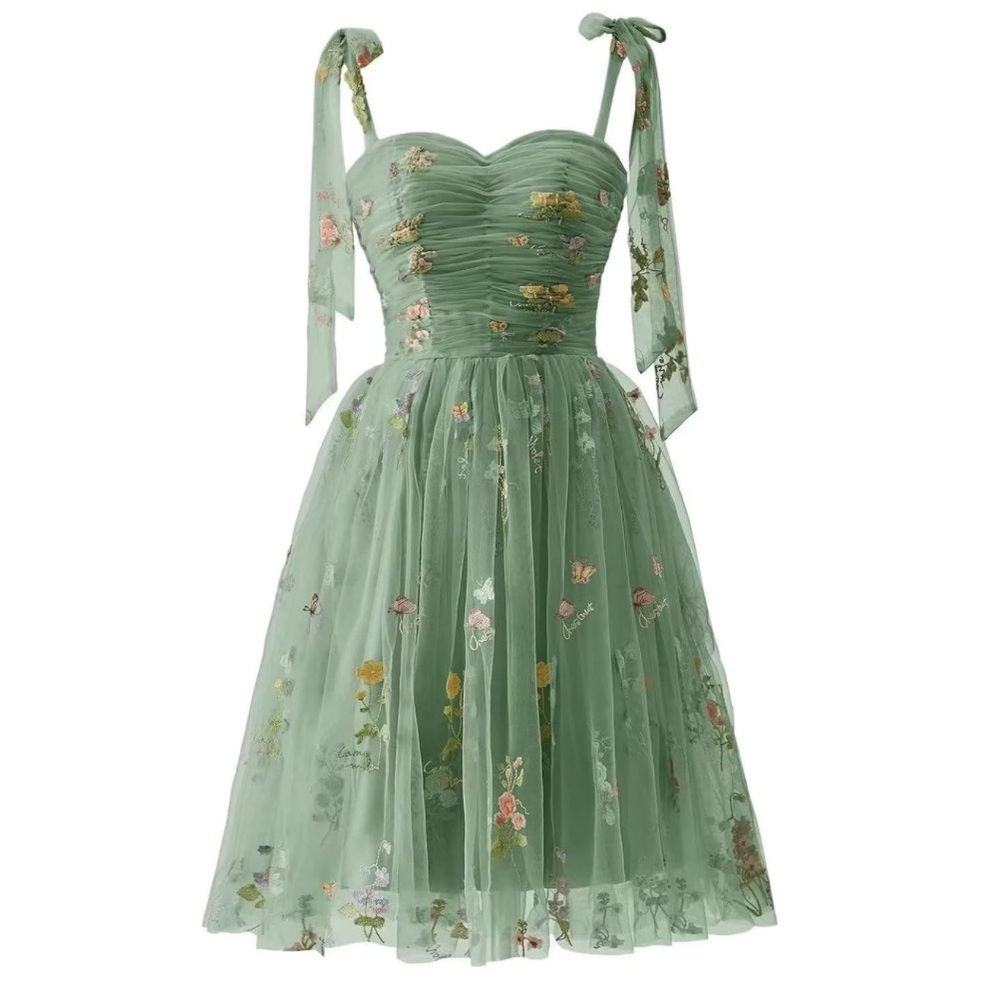 Short Flower Embroidery Dress Tulle Spaghetti Strap Mini Formal Evening Party